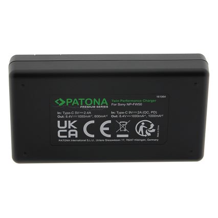 PATONA - Φορτιστής διπλός γρήγορης φόρτισης Sony NP-FW50 + καλώδιο USB-C 0,6m