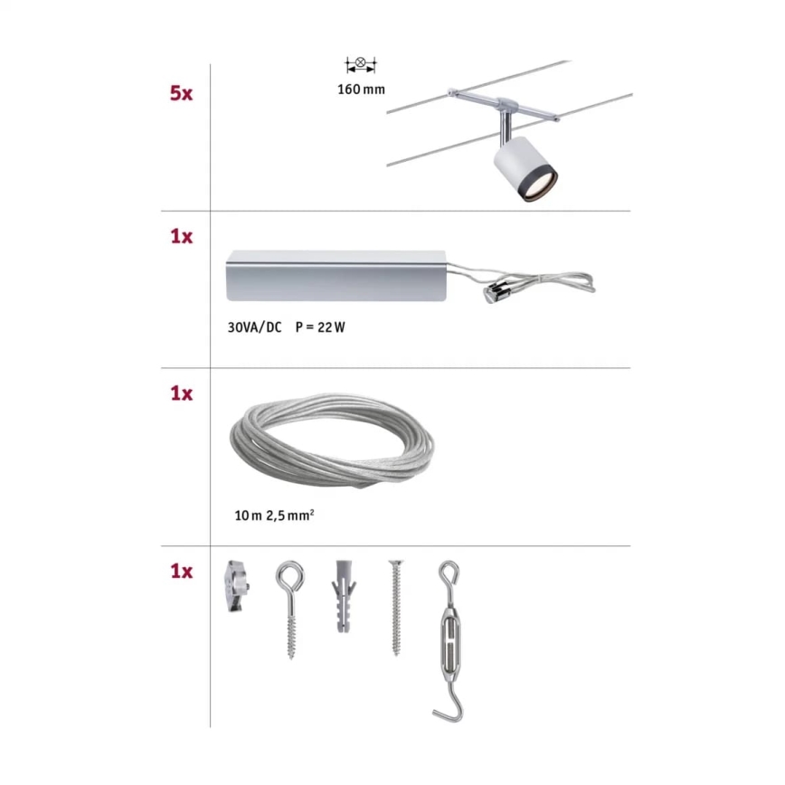 Paulmann 3981 - ΣΕΤ 5xLED/4W, Ολοκληρωμένο σύστημα ανάρτησης με καλώδιο TUBE 230V, ματ χρώμιο/μαύρο