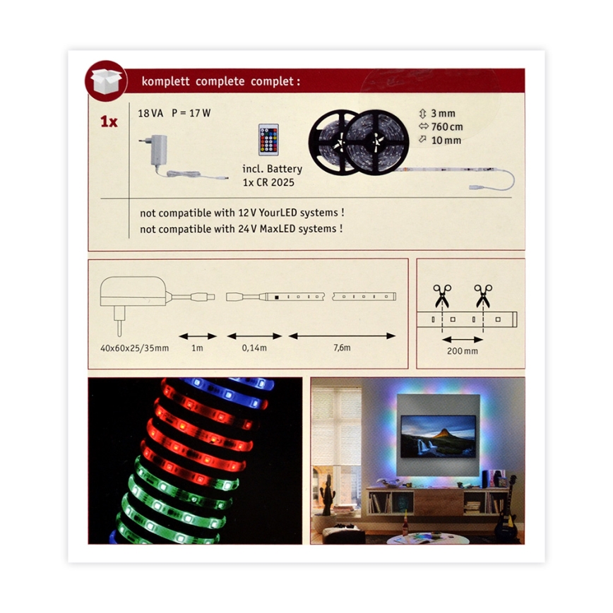 Paulmann 70514 - LED RGB/15W Dimmable ταινία SIMPLED 7,5m 230V + τηλεχειριστήριο