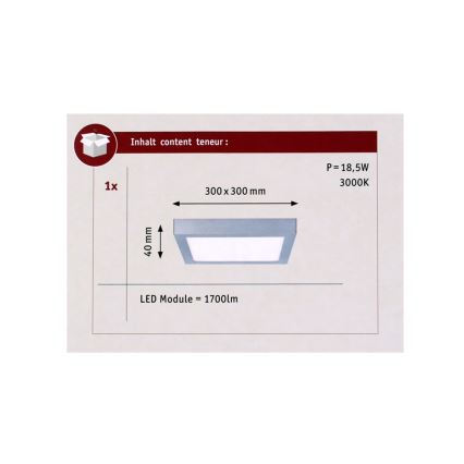 Paulmann 70650 - LED/17W Φωτιστικό οροφής LUNAR 230V 30x30 cm ματ χρώμιο