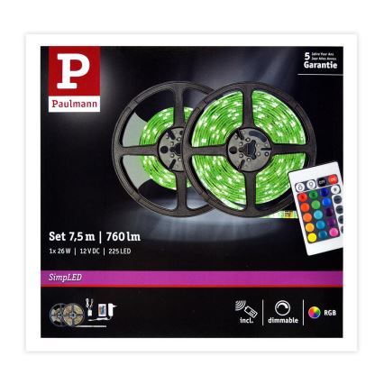 Paulmann 78979 - LED RGB/26W Dimmable ταινία SIMPLED 7,5m 230V + RC