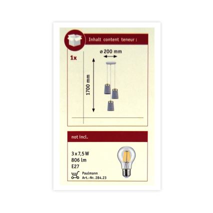 Paulmann 79627 - Πολύφωτο σε σχοινί NORELL 3xE27/20W/230V σκυρόδεμα