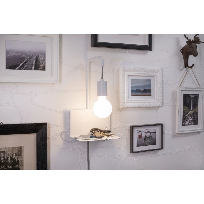 Paulmann 79812 - 1xE27/40W Επιτοίχιο φωτιστικό με ράφι και θύρα USB CALVANI 230V λευκό