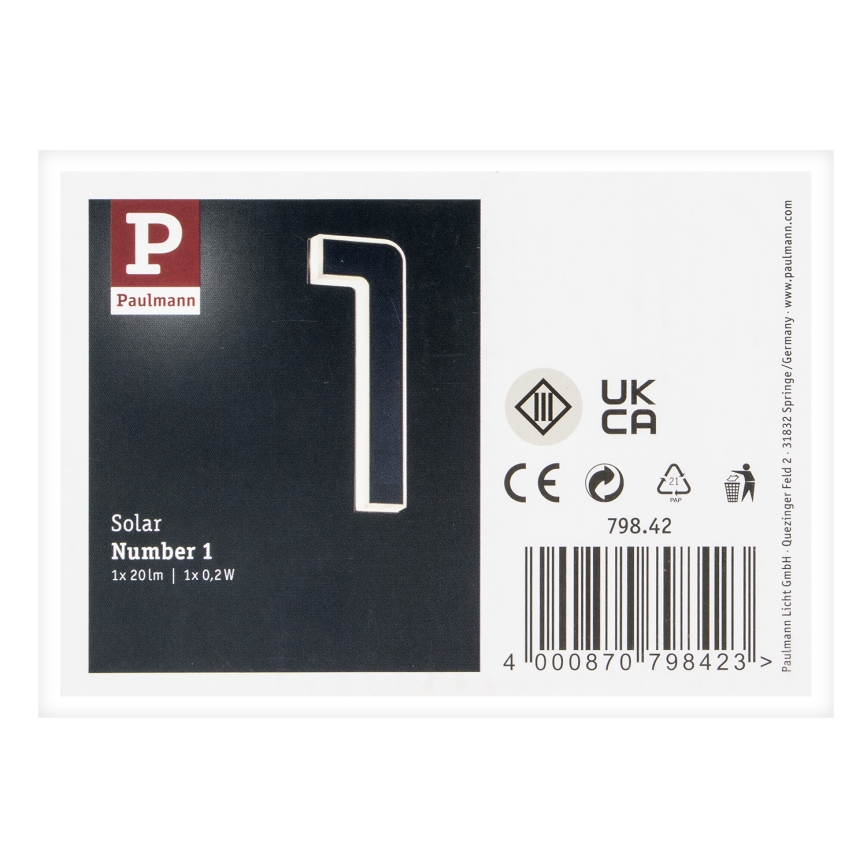 Paulmann 79842 - LED/0,2W IP44 Αριθμός οικίας ηλιακό φωτιστικό 1,2V 1500 mAh