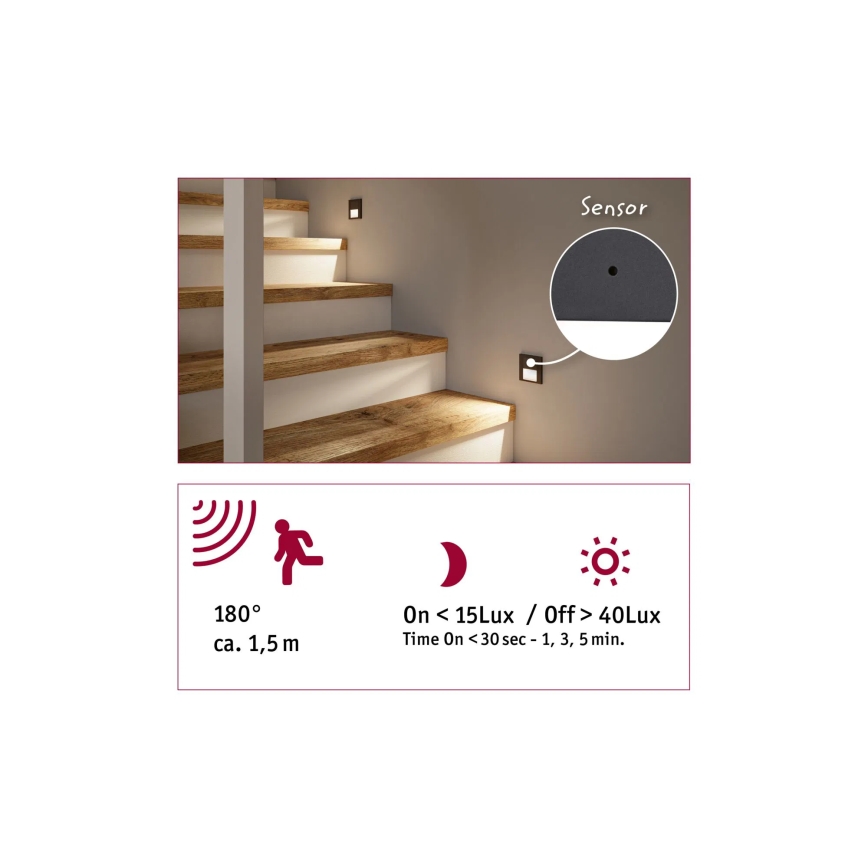 Paulmann 80004 - LED/1W Φωτιστικό σκάλας με αισθητήρα TSARO 230V Lead/μαύρο