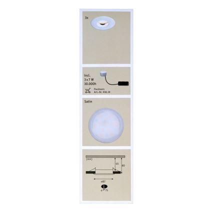 Paulmann 92847 - ΣΕΤ  3xLED/7W IP65  Κρεμαστό φως οροφής μπάνιου LED 230V