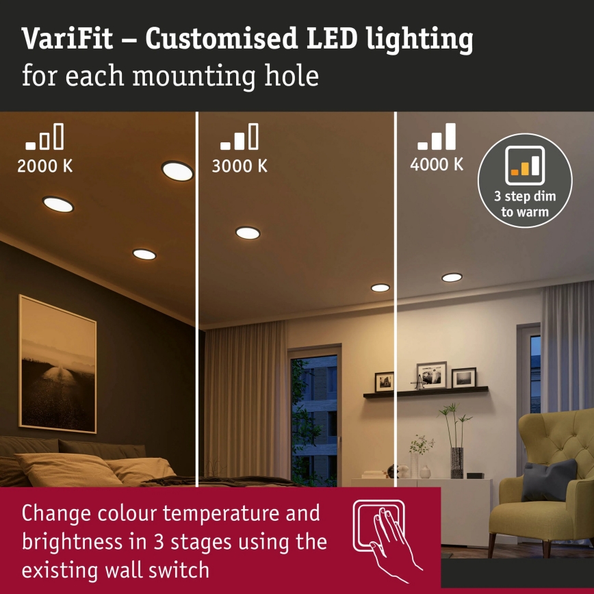 Paulmann 93102 - LED/16W IP44 Εντοιχισμένο φωτιστικό οροφής για μπάνιο AREO 230V 2000/3000/4000K Ø 23 cm μαύρο