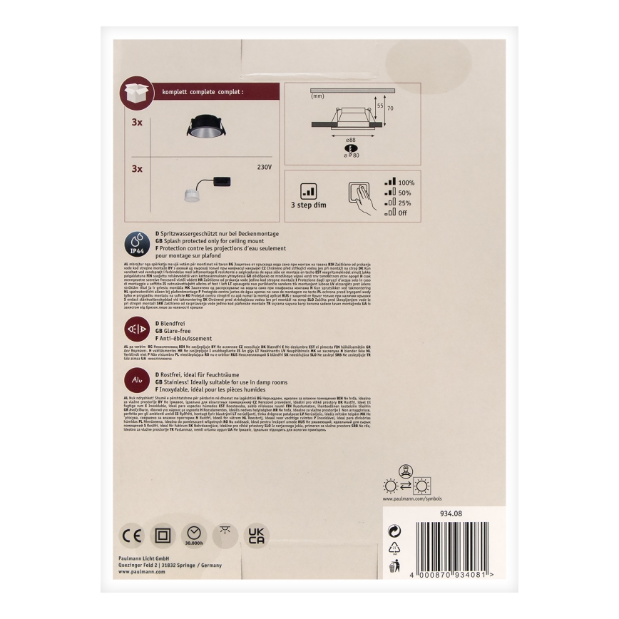 Paulmann 93408 - ΣΕΤ 3xLED/6,5W IP44 Dimmable χωνευτά φωτιστικά μπάνιου COLE 230V