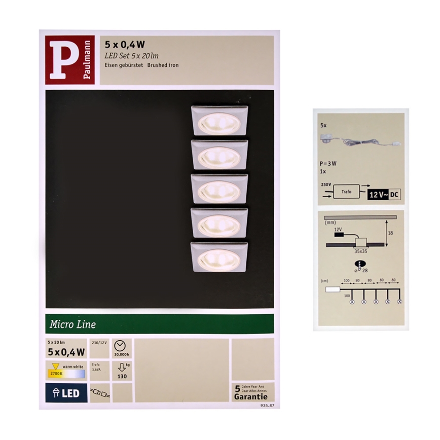 Paulmann 93587 - ΣΕΤ 5xLED/0,4W Χωνευτό φωτιστικό 12V/230V 2700K