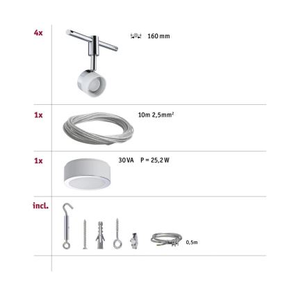 Paulmann 94080 - ΣΕΤ 4xLED/4,8W Ολοκληρωμένο σύστημα καλωδίων STAGE 230V γυαλιστερό χρώμιο