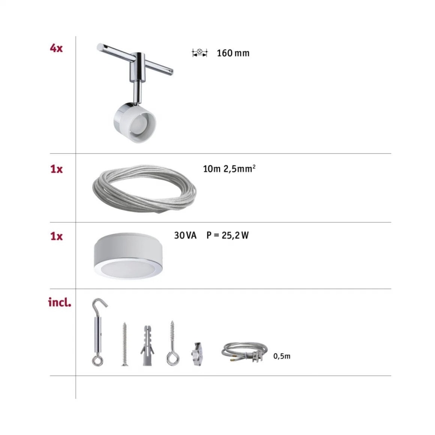 Paulmann 94080 - ΣΕΤ 4xLED/4,8W Ολοκληρωμένο σύστημα καλωδίων STAGE 230V γυαλιστερό χρώμιο