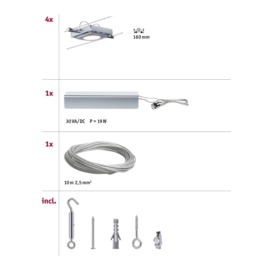 Paulmann 94107 - Σετ 4xLED/4,3W Σποτ φωτιστικό για καλωδιακό σύστημα MAC 230V ματ χρώμιο
