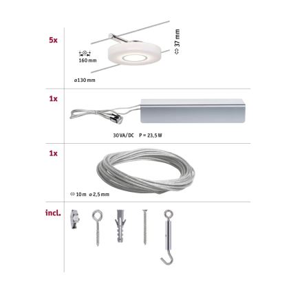 Paulmann 94109 - Σετ 5xLED/4,3W Ολοκληρωμένο σύστημα φωτισμού με καλώδιο MAC 230V λευκό