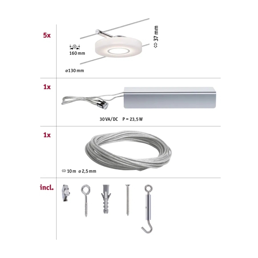 Paulmann 94109 - Σετ 5xLED/4,3W Ολοκληρωμένο σύστημα φωτισμού με καλώδιο MAC 230V λευκό