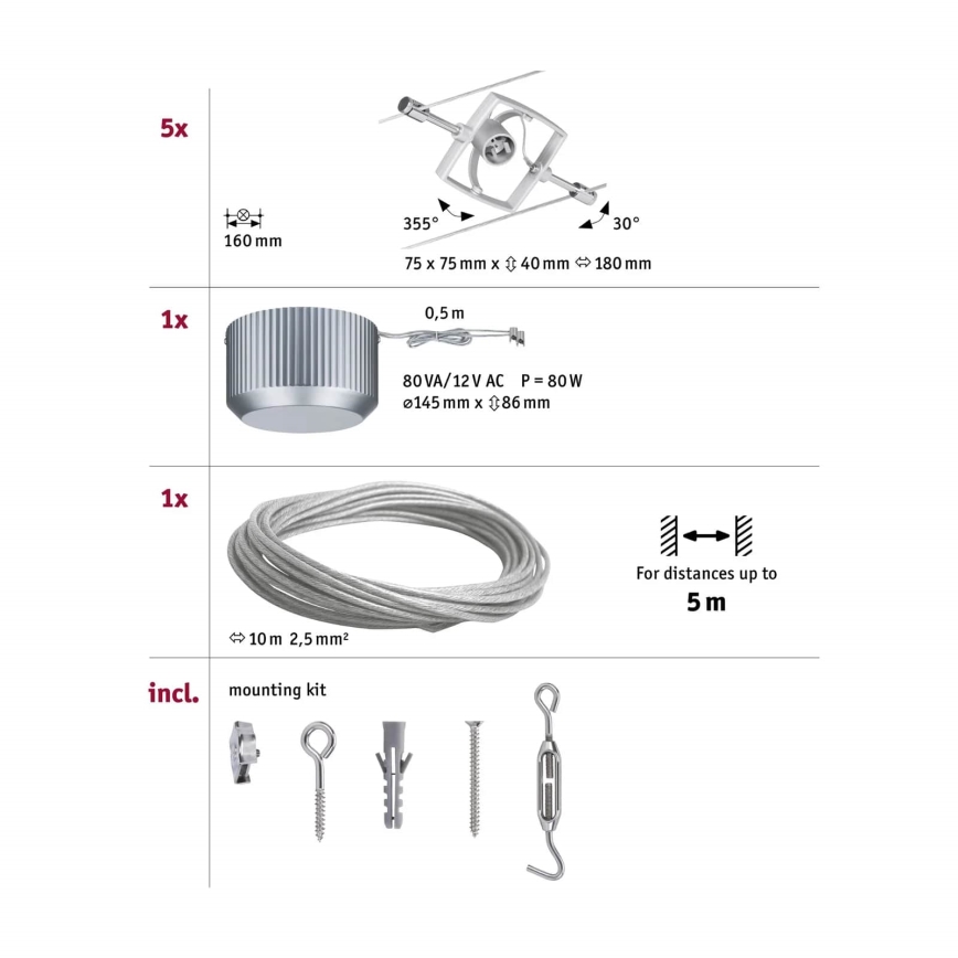 Paulmann 94133 - Σετ 5xGU5,3/10W Ολοκληρωμένο καλωδιακό σύστημα MAC 230V ματ χρώμιο