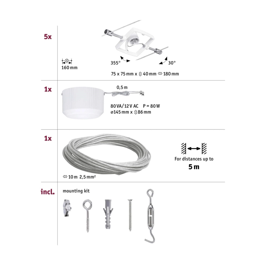 Paulmann 94134 - Σετ 5xGU5,3/10W Πλήρες σύστημα φωτισμού με καλώδιο MAC 230V λευκό