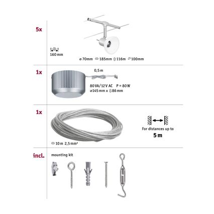 Paulmann 94136 - Σετ 5xGU5,3/10W Πλήρες σύστημα ανάρτησης SHEELA 230V, γυαλιστερό χρώμιο