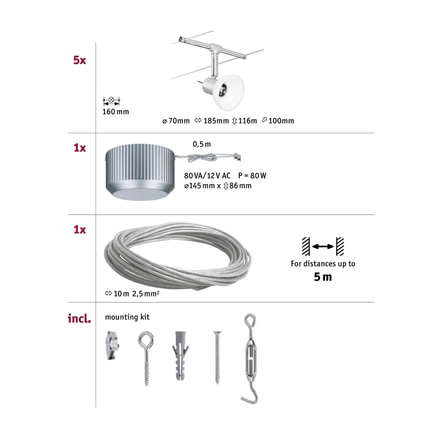 Paulmann 94136 - Σετ 5xGU5,3/10W Πλήρες σύστημα ανάρτησης SHEELA 230V, γυαλιστερό χρώμιο
