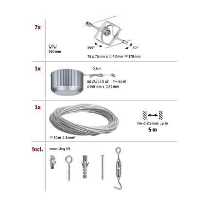 Paulmann 94152 - ΣΕΤ 7xGU5.3/10W Ολοκληρωμένο καλωδιακό σύστημα MAC 230V ματ χρώμιο