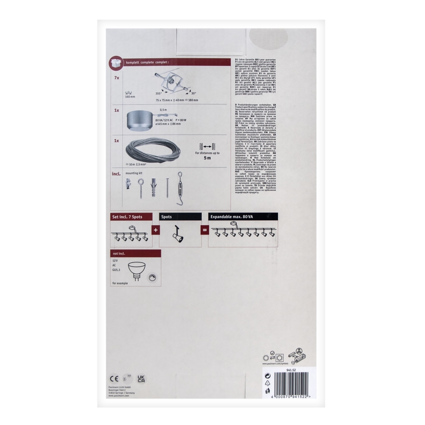 Paulmann 94152 - ΣΕΤ 7xGU5.3/10W Ολοκληρωμένο καλωδιακό σύστημα MAC 230V ματ χρώμιο