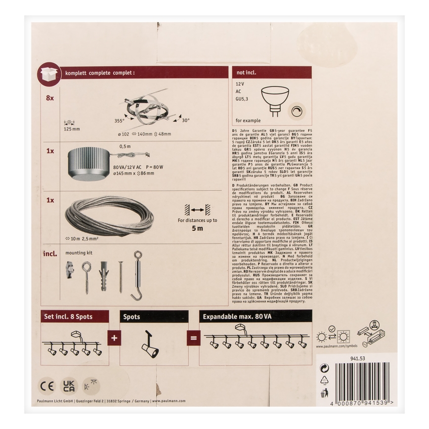 Paulmann 94153 - ΣΕΤ 8xGU5,3/10W Φωτιστικό σποτ ράγας CARDAN 230V