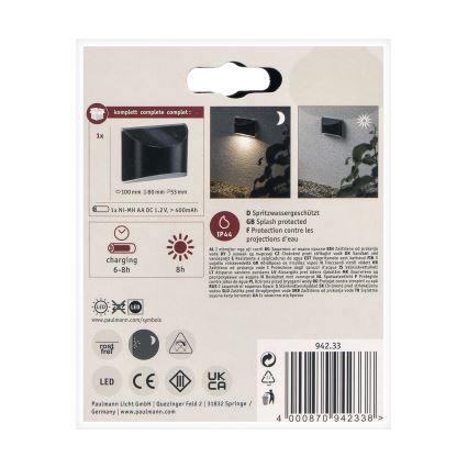 Paulmann 94233 - LED/0,05W IP44 Ηλιακό φωτιστικό τοίχου ELLIOT 1,2V 400 mAh