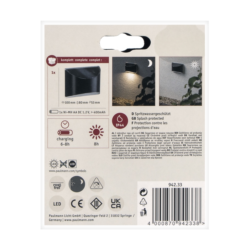 Paulmann 94233 - LED/0,05W IP44 Ηλιακό φωτιστικό τοίχου ELLIOT 1,2V 400 mAh