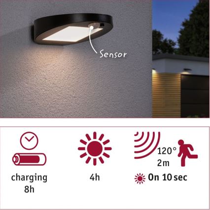 Paulmann 94246 - LED/1,2W IP44 Ηλιακό φωτιστικό εξωτερικού χώρου με αισθητήρα RYSE 3,7V 1800 mAh