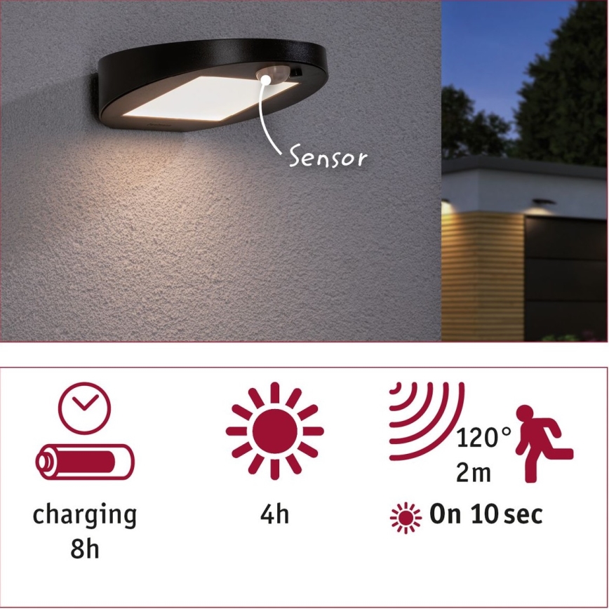 Paulmann 94246 - LED/1,2W IP44 Ηλιακό φωτιστικό εξωτερικού χώρου με αισθητήρα RYSE 3,7V 1800 mAh
