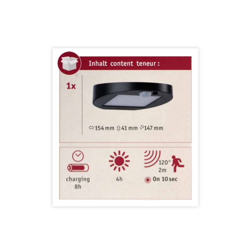 Paulmann 94246 - LED/1,2W IP44 Ηλιακό φωτιστικό εξωτερικού χώρου με αισθητήρα RYSE 3,7V 1800 mAh