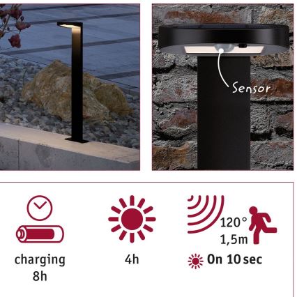 Paulmann 94249 - LED/1,2W IP44 Εξωτερικό ηλιακό φωτιστικό με αισθητήρα RYSE 3,7V 1800 mAh