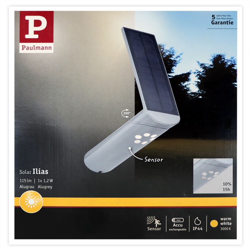 Paulmann 94261 - LED/1,2W IP44 Ηλιακή λάμπα τοίχου με αισθητήρα ILIAS 3,7V 1800 mAh