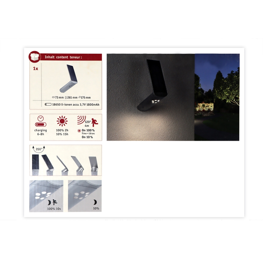 Paulmann 94261 - LED/1,2W IP44 Ηλιακή λάμπα τοίχου με αισθητήρα ILIAS 3,7V 1800 mAh