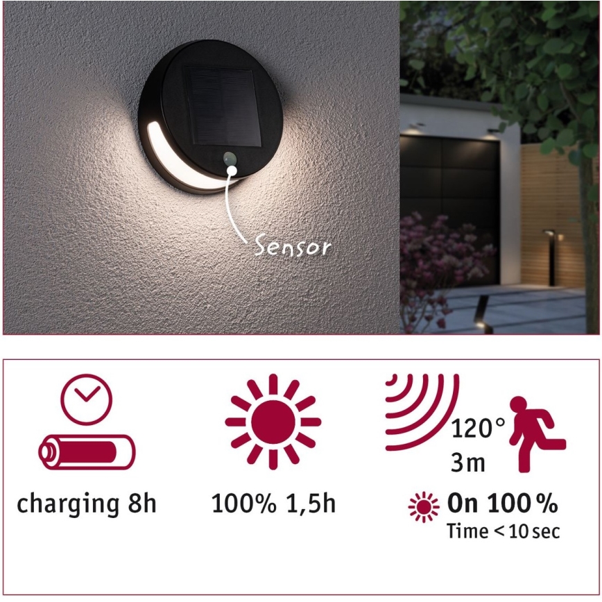 Paulmann 94265 - LED/3W IP44 Εξωτερικό ηλιακό φωτιστικό με αισθητήρα HELENA 3,7V 1800 mAh