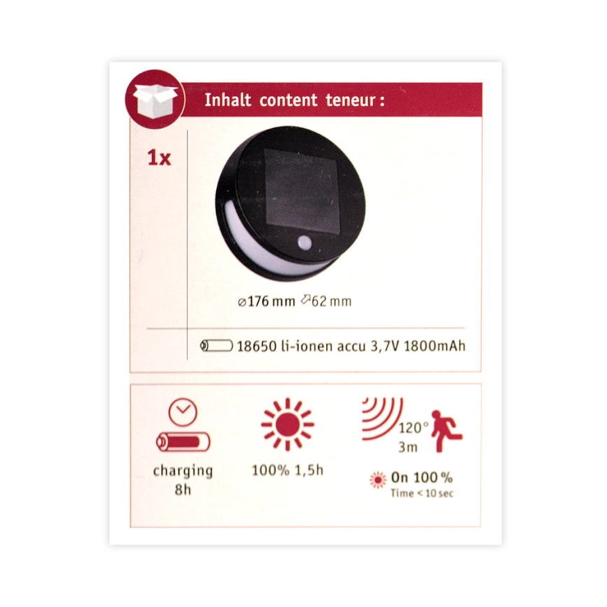 Paulmann 94265 - LED/3W IP44 Εξωτερικό ηλιακό φωτιστικό με αισθητήρα HELENA 3,7V 1800 mAh