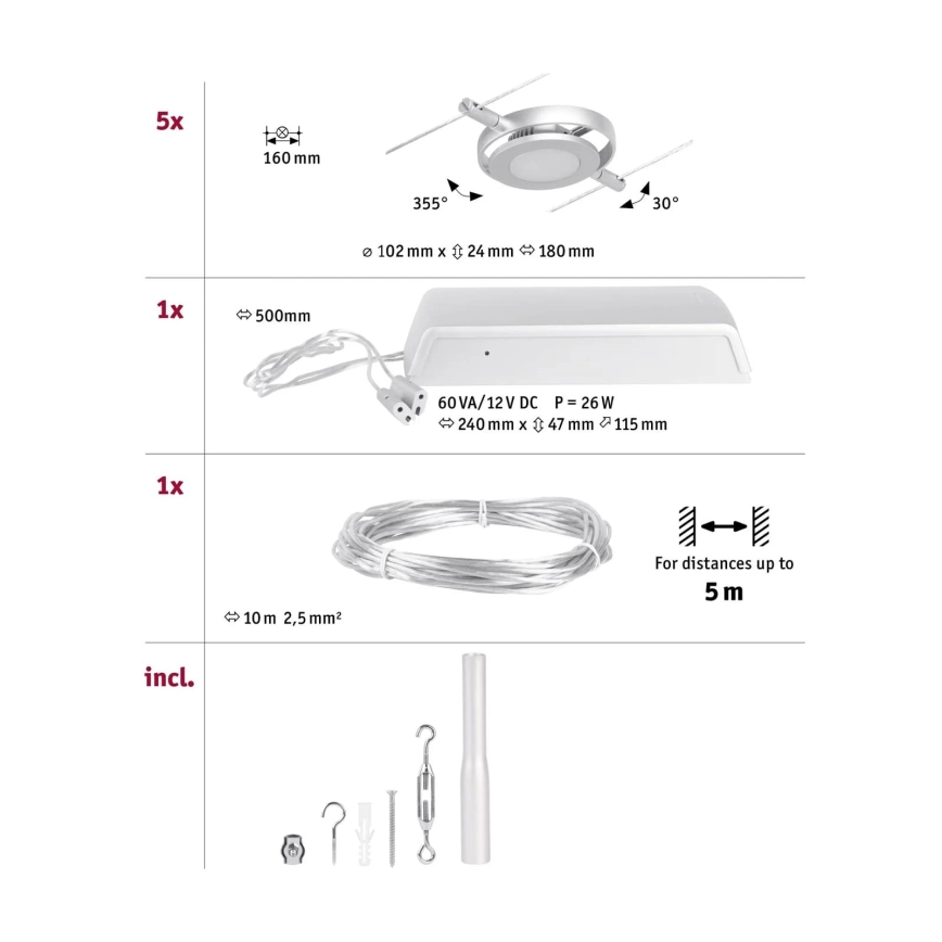 Paulmann 94414 - ΣΕΤ 5xLED/4,5W Σποτ για σύστημα καλωδίων ROUNDMAC 230V γυαλιστερό χρώμιο