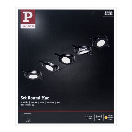 Paulmann 94418 - Σετ 5xLED/4,5W Πλήρες σύστημα ανάρτησης με καλώδιο ROUNDMAC 230V μαύρο