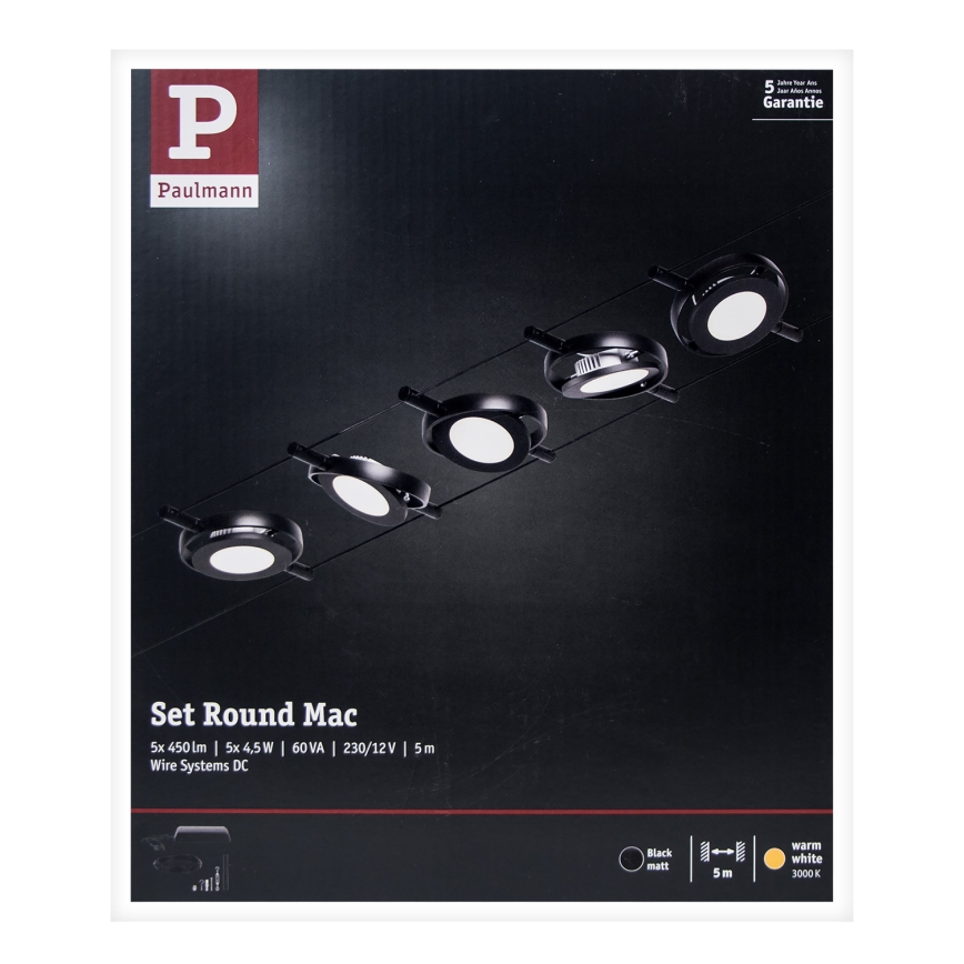 Paulmann 94418 - Σετ 5xLED/4,5W Πλήρες σύστημα ανάρτησης με καλώδιο ROUNDMAC 230V μαύρο