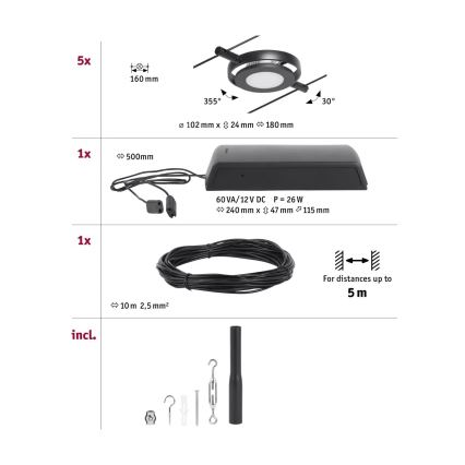 Paulmann 94418 - Σετ 5xLED/4,5W Πλήρες σύστημα ανάρτησης με καλώδιο ROUNDMAC 230V μαύρο