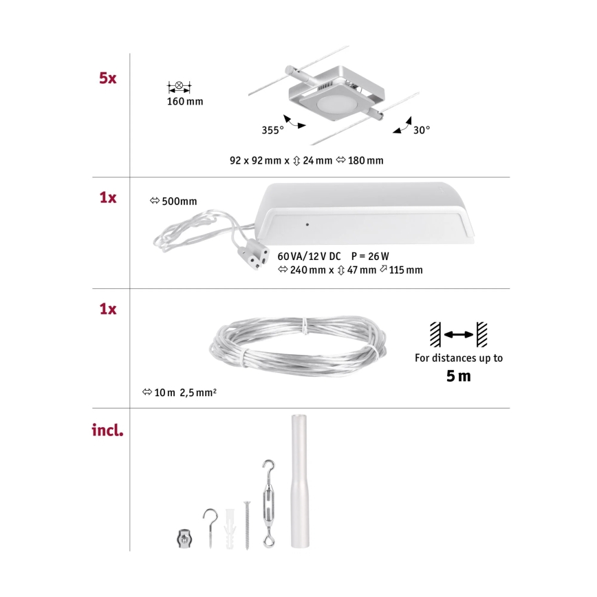Paulmann 94420 - ΣΕΤ 5xLED/4,5W Ολοκληρωμένο σύστημα καλωδίων MAC 230V ματ χρώμιο