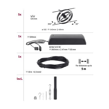 Paulmann 94440 - Σετ 5xGU5,3/10W, Πλήρες σύστημα με καλώδιο CARDAN 230V, μαύρο