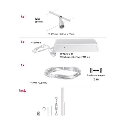 Paulmann 94442 - Σετ 5xGU5,3/10W Ολοκληρωμένο σύστημα φωτισμού με καλώδιο SALT 230V, ματ χρώμιο