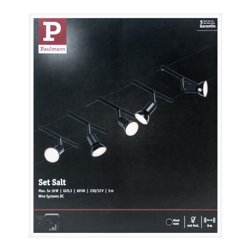 Paulmann 94446 - Σετ 5xGU5,3/10W Ολοκληρωμένο καλωδιακό σύστημα SALT 230V μαύρο