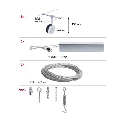 Paulmann 94457 - Σετ 5xLED/4W Πλήρες σύστημα καλωδίου CLEAR 230V μαύρο/γυαλιστερό χρώμιο