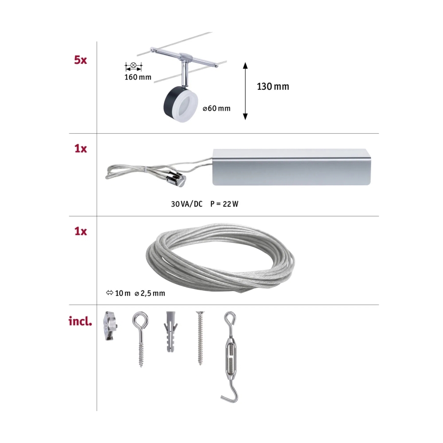 Paulmann 94457 - Σετ 5xLED/4W Πλήρες σύστημα καλωδίου CLEAR 230V μαύρο/γυαλιστερό χρώμιο