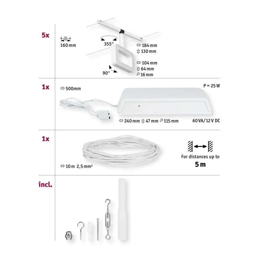 Paulmann 94483 - Σετ 5xLED/4,8W Πλήρες σύστημα ανάρτησης με καλώδιο FRAME 230V λευκό