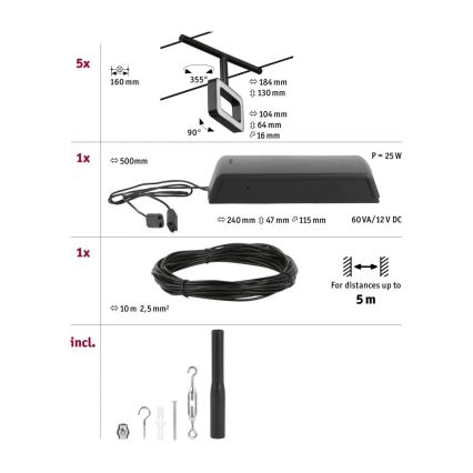 Paulmann 94485 - Σετ 5xLED/4,8W Πλήρες συρματόσχοινο σύστημα FRAME 230V μαύρο