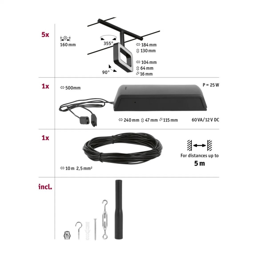 Paulmann 94485 - Σετ 5xLED/4,8W Πλήρες συρματόσχοινο σύστημα FRAME 230V μαύρο