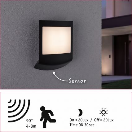 Paulmann 94513 - RGBW LED/8,2W IP44 Ρυθμιζόμενο εξωτερικό επιτοίχιο φωτιστικό με αισθητήρα κίνησης και λυκόφωτος PADEA 230V ανθρακί