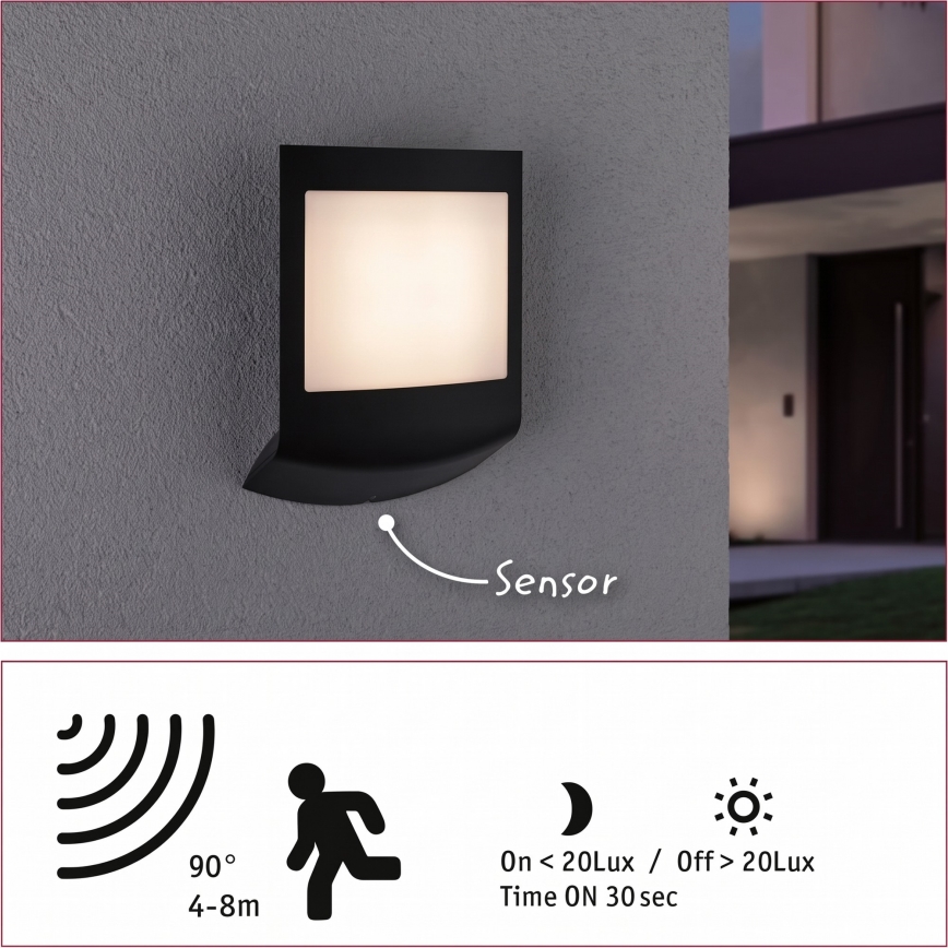 Paulmann 94513 - RGBW LED/8,2W IP44 Ρυθμιζόμενο εξωτερικό επιτοίχιο φωτιστικό με αισθητήρα κίνησης και λυκόφωτος PADEA 230V ανθρακί